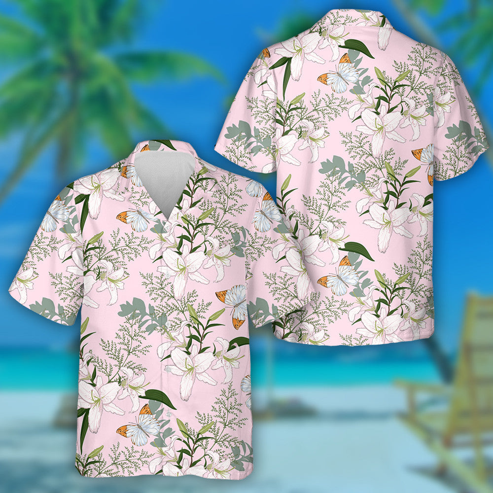 Theme White Lilies And Butterflies On Pink Hawaiian Shirt, Hawaiian Shirt Gift, Christmas Gift