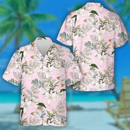 Theme White Lilies And Butterflies On Pink Hawaiian Shirt, Hawaiian Shirt Gift, Christmas Gift