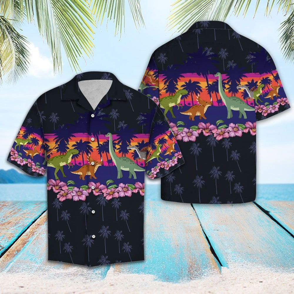 Dinosaur Border Chest Print Black Theme Hawaiian Shirt, Hawaiian Shirt Gift, Christmas Gift