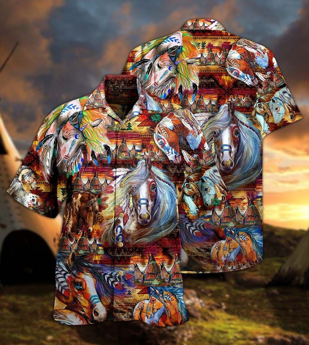 Native American Horse Colorful Design Hawaiian Shirt,Hawaiian Shirt Gift, Christmas Gift