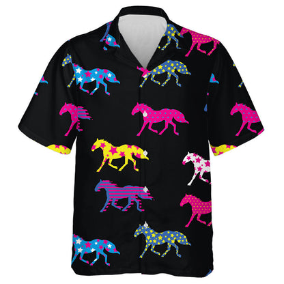 Colorful Moving Horse On Black Repeated Background Hawaiian Shirt, Hawaiian Shirt Gift, Christmas Gift