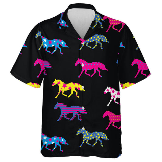 Colorful Moving Horse On Black Repeated Background Hawaiian Shirt, Hawaiian Shirt Gift, Christmas Gift