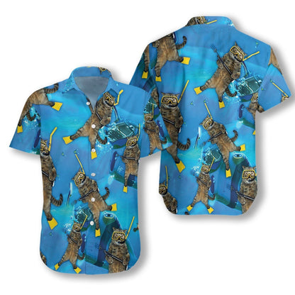 Cat Diver Hawaiian Aloha Shirt Hawaiian Shorts Beach Short Sleeve_Hawaiian Shirt Gift, Christmas Gift