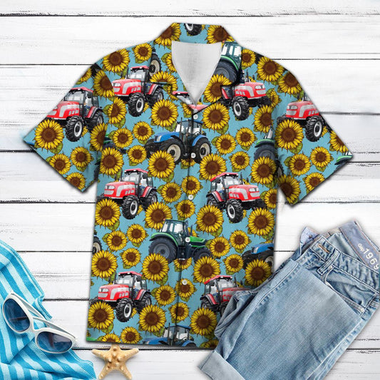 Red Stripes Tractor With Sunflowers Hawaiian Shirt,Hawaiian Shirt Gift, Christmas Gift