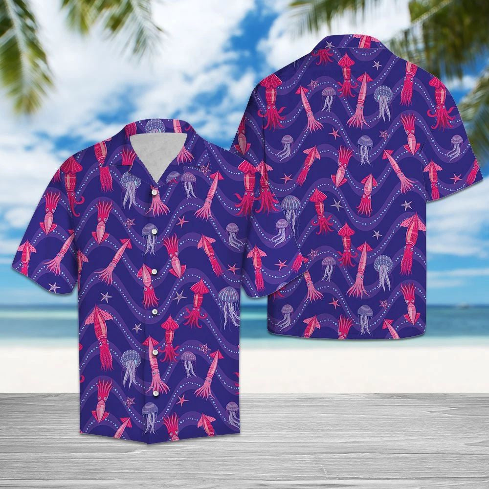 Lovely Squid With Purple Jellyfish Hawaiian Shirt,Hawaiian Shirt Gift, Christmas Gift