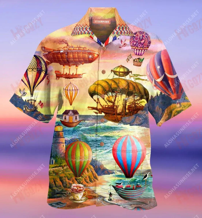 Air Balloon Steampunk Short Short Sleeve Shirt Ocean Hawaiian T Shirts Hawaiian Crazy Shirts Hawaiian Shirt Pattern, Christmas Gift