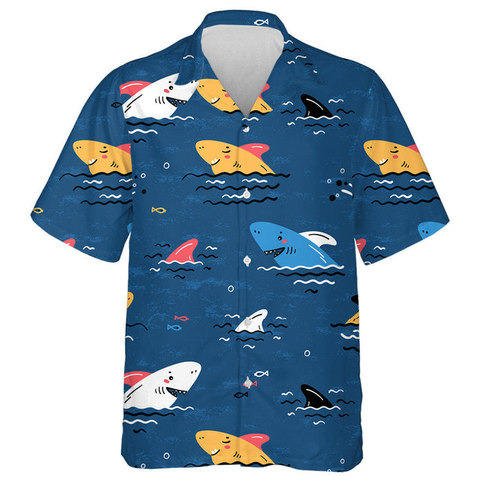 Colorful Cartoon Sharks Summer Sea Dark Blue Background Hawaiian Shirt, Hawaiian Shirt Gift, Christmas Gift