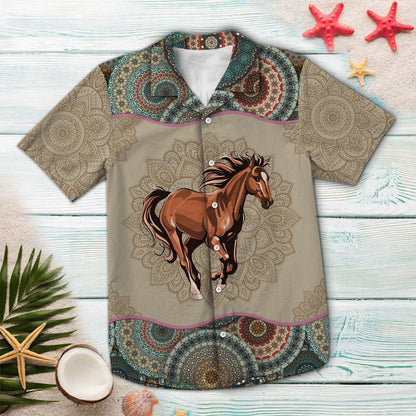 Brown Horse Mandala Flowers Design Hawaiian Shirt, Hawaiian For Gift