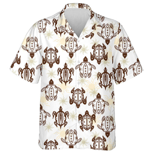 Brown Cute Turtle And Sun Tribal Style Hawaiian Shirt, Hawaiian Shirt Gift, Christmas Gift