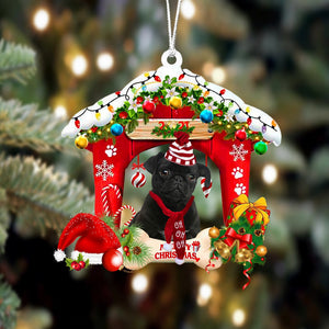 Black Pug-Christmas House Two Sided Christmas Plastic Hanging Ornament, Christmas Ornament Gift, Christmas Gift, Christmas Decoration