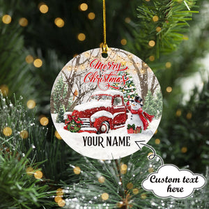 Custom Name Snowman with Red Truck Christmas Orrnament, Christmas Ornament, Christmas Gift