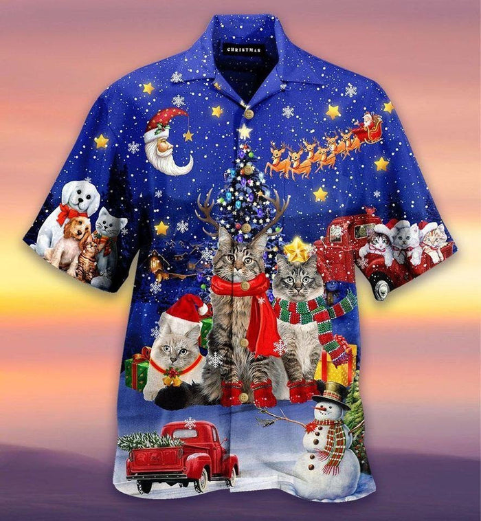 Cat Under Beautiful Christmas Sky Design Hawaiian Shirt, Hawaiian Shirt Gift, Christmas Gift