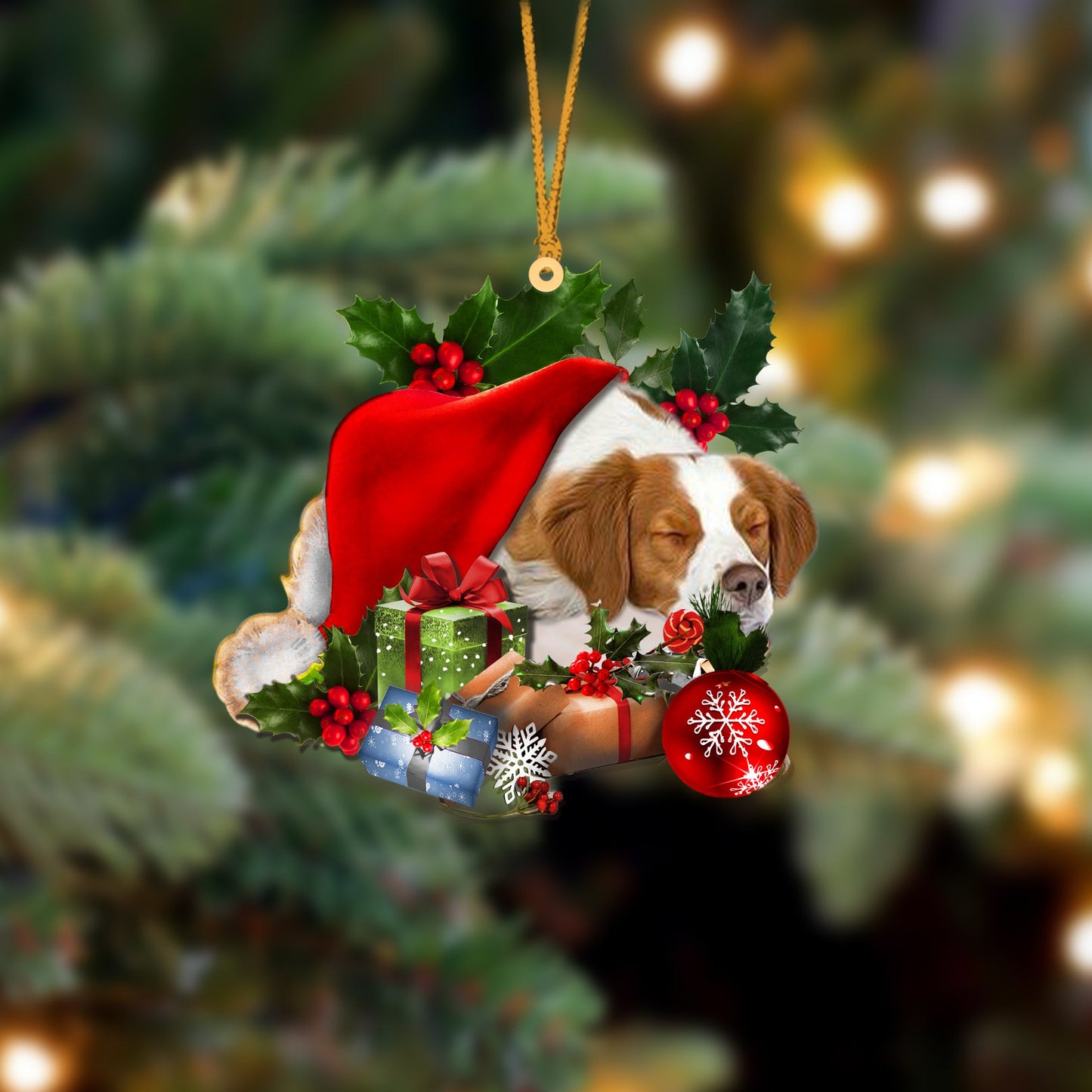 Brittany Spaniel-Sleeping In Hat Two Sides Christmas Plastic Hanging Ornament, Christmas Ornament Gift, Christmas Gift, Christmas Decoration