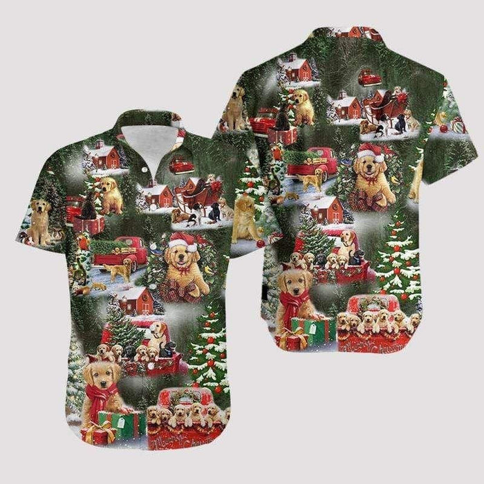 Cute Golden Retriever On Christmas Vintage Style Design Hawaiian Shirt, Hawaiian Shirt Gift, Christmas Gift