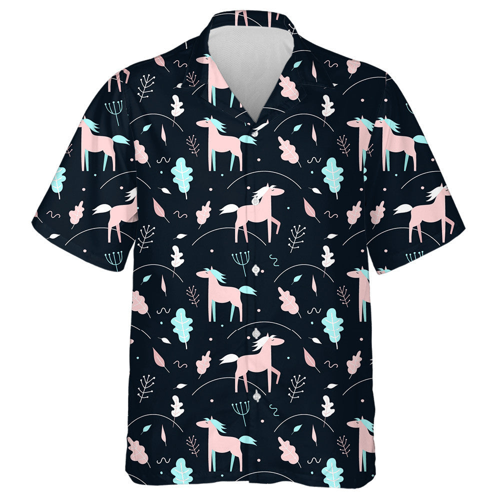 Pink Horses And Plants On A Dark Background Hawaiian Shirt, Hawaiian Shirt Gift, Christmas Gift