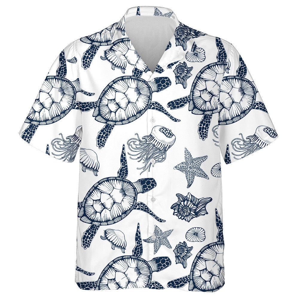 Blue Turtles Jellyfish And Starfish Hand Drawing Hawaiian Shirt, Hawaiian Shirt Gift, Christmas Gift