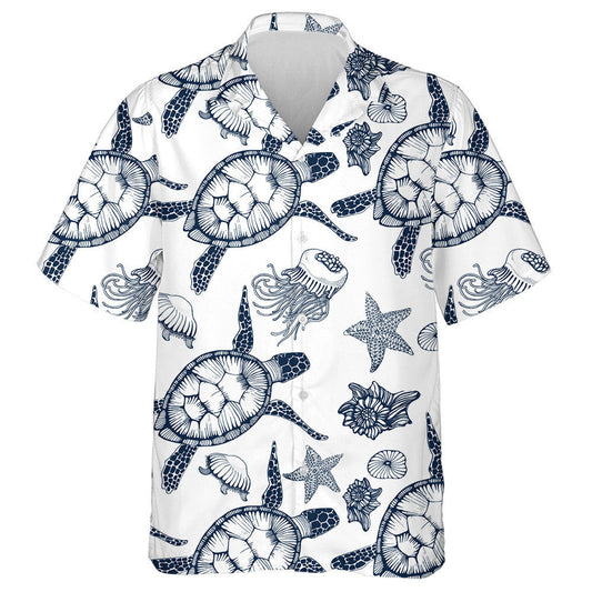 Blue Turtles Jellyfish And Starfish Hand Drawing Hawaiian Shirt, Hawaiian Shirt Gift, Christmas Gift