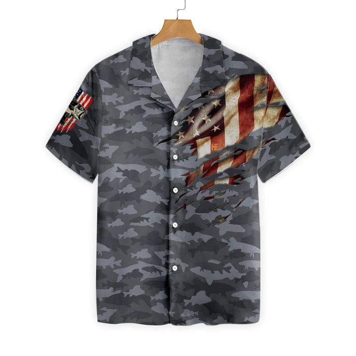 Grey Camo Fishing American Flag Hawaiian Shirt,Hawaiian Shirt Gift, Christmas Gift