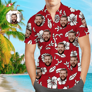White Hibiscus And Monstera Leaves On Red Custom Photo Hawaiian Shirt, Hawaiian Shirt Gift, Christmas Gift