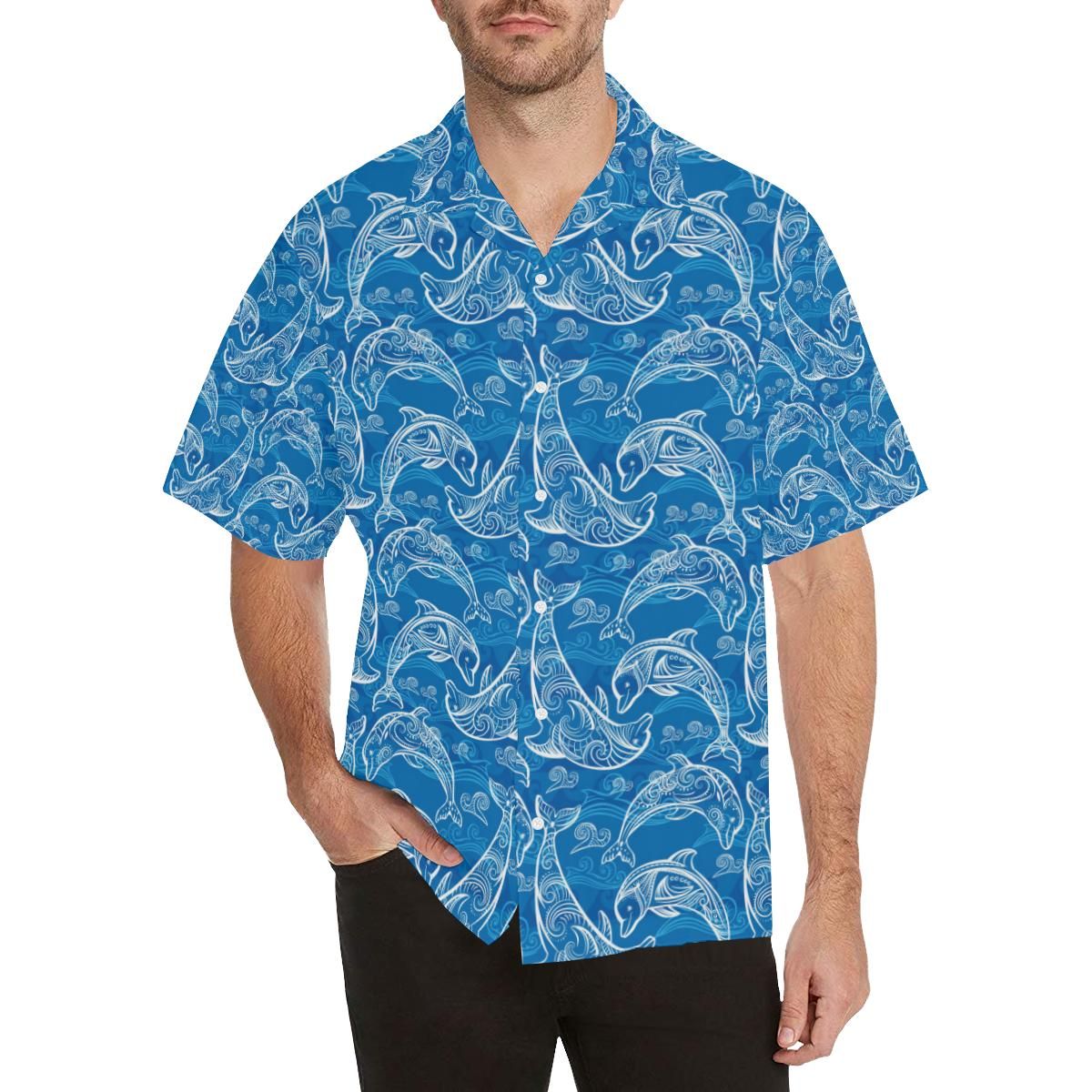 Dolphin Tribal Blue Pattern Men'S All Over Print Hawaiian Aloha Shirt Hawaiian Shorts Beach Short Sleeve_Hawaiian Shirt Gift, Christmas Gift