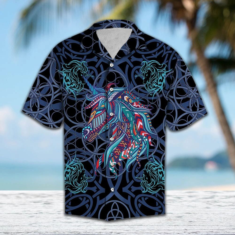 Vivid Colorful Unicorn Blue Mandala Art Pattern Hawaiian Shirt, Hawaiian Shirt Gift, Christmas Gift