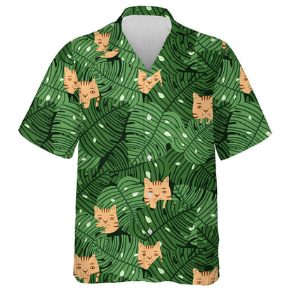 Duilleoga Monstera Agus Aghaidheanna Cait I Léine Haváí Glas Agus Oráiste, Bronntanas Léine Haváís, Bronntanas Nollag