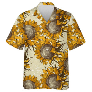 Antique Sketch Style Sunflowers Ornament Pattern Hawaiian Shirt, Hawaiian For Gift