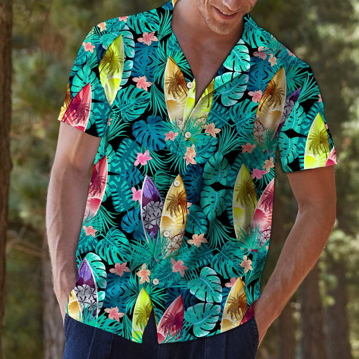 Aloha Surfboard Tropical Palm Leaves Summer Vacation Themed Hawaiian Shirt, Hawaiian Shirt Gift, Christmas Gift