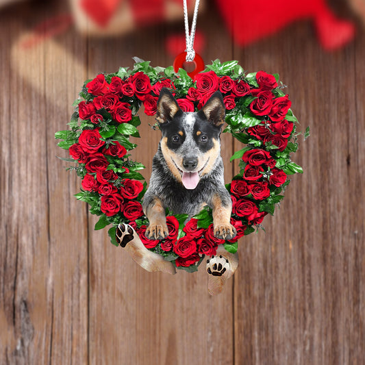 Blue Heeler Wreath 3-Chroí Dhá thaobh Ornáid Crochta Plaisteacha Nollag, Bronntanas Ornáide Nollag, Bronntanas Nollag, Maisiú Nollag