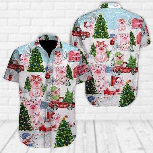 Snowy Village Cute Pig Christmas Design Hawaiian Shirt, Hawaiian Shirt Gift, Christmas Gift