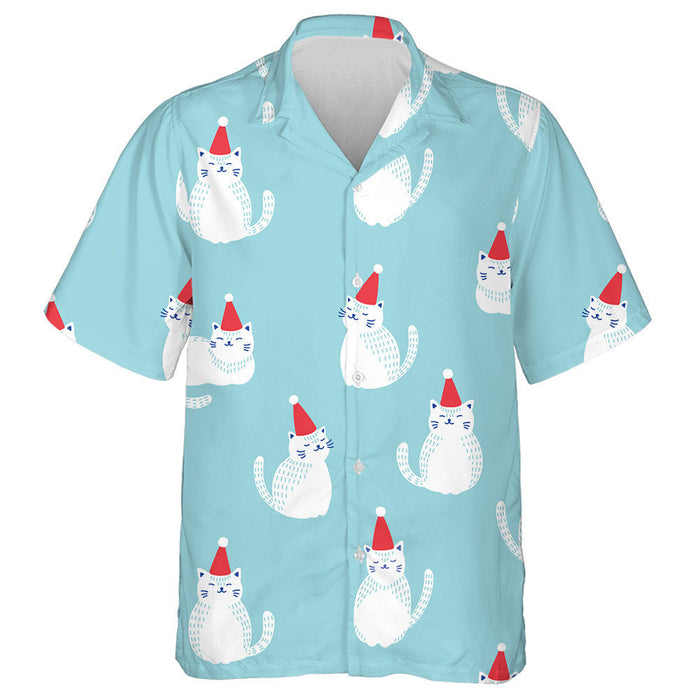 Ute White Cat In Red Christmas Hat On Blue Hawaiian Shirt, Hawaiian Shirt Gift, Christmas Gift