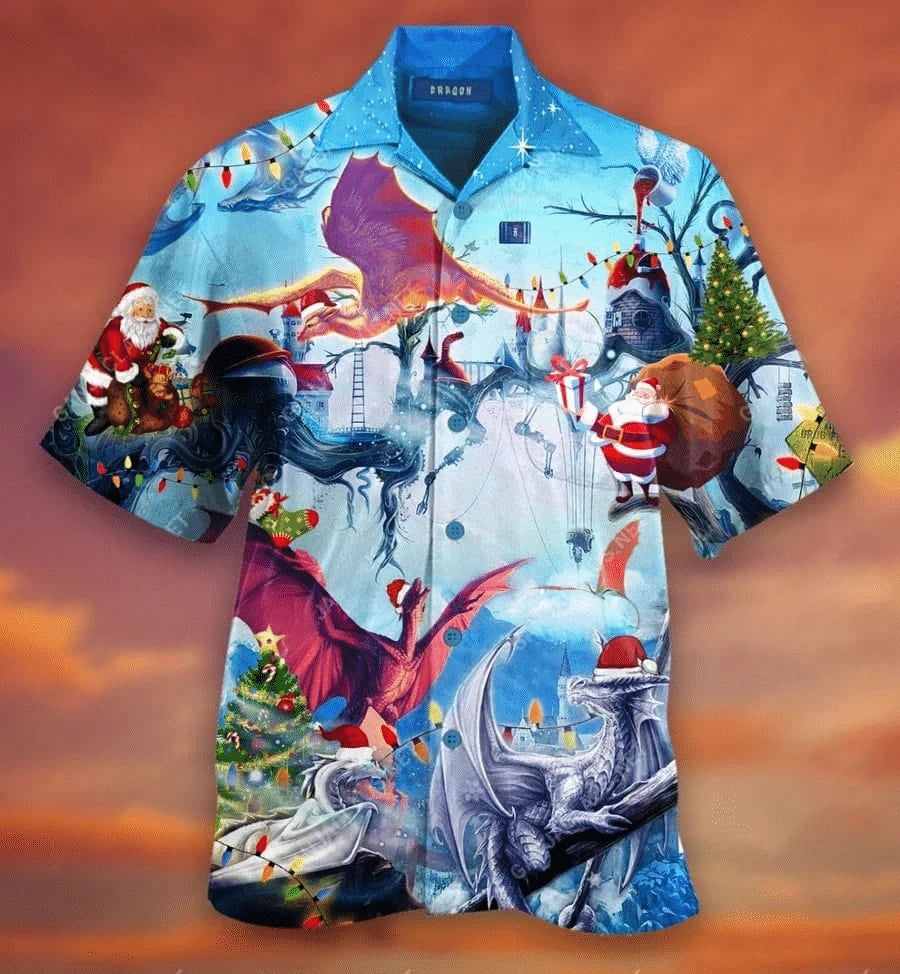 Christmas With Happy Flying Dragons Design Hawaiian Shirt, Hawaiian For Gift