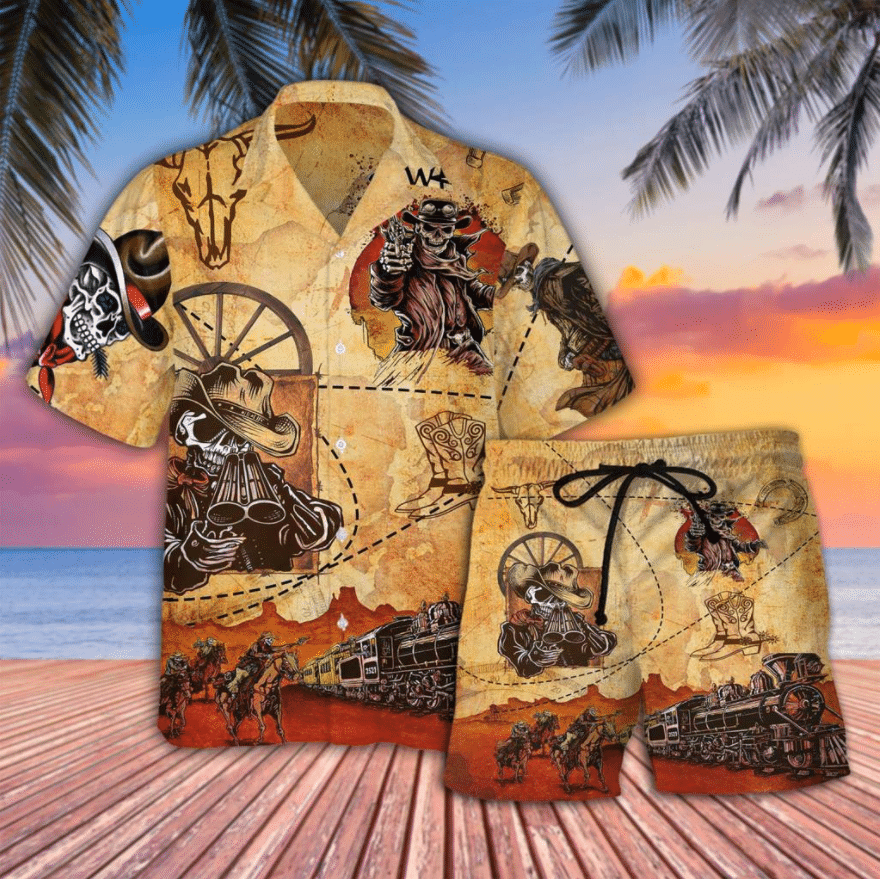 Cowboy Skull Combo Cream Pattern Hawaiian Shirt,Hawaiian Shirt Gift, Christmas Gift