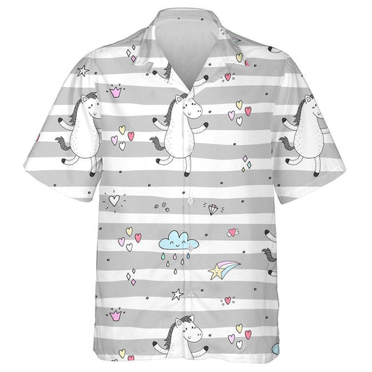 Cartoon Funny Pony Horses On Grey Stripe Hawaiian Shirt, Hawaiian Shirt Gift, Christmas Gift