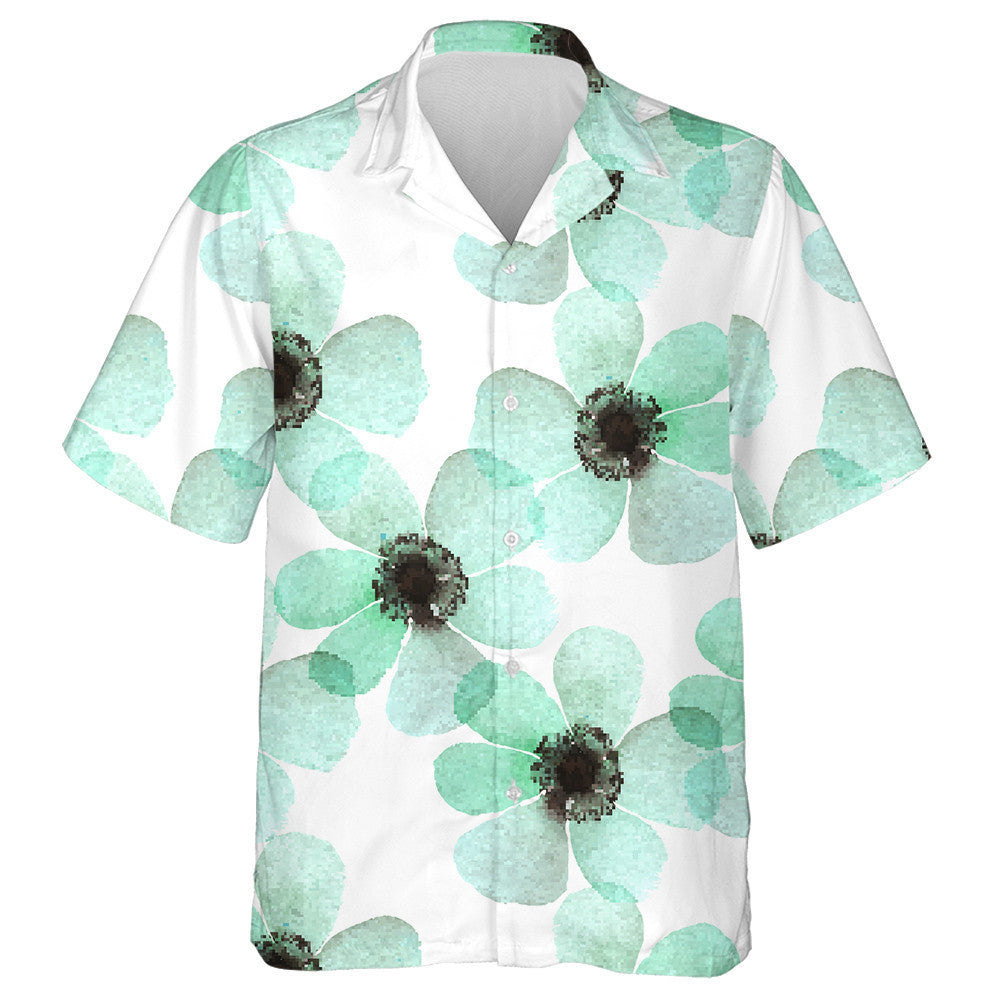 Patrún Bláthanna Anemone Turquoise Uiscedhath Péinteáilte le Láimhe Léine Haváís, Bronntanas Léine Haváís, Bronntanas Nollag