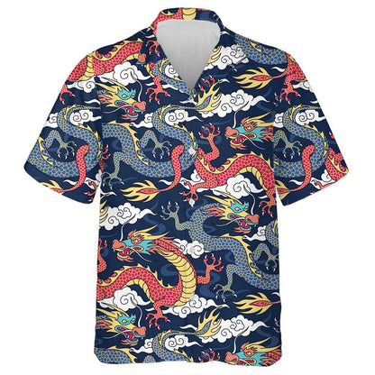 Blue And Red Dragons Fighting In The Cloud Hawaiian Shirt, Hawaiian Shirt Gift, Christmas Gift