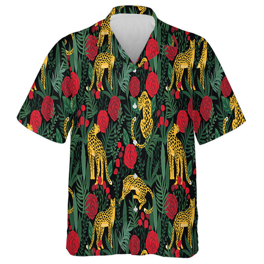 Leopards With Tropical Leaves And Roses Hawaiian Shirt, Hawaiian For Gift
