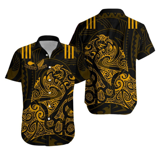 Aotearoa Super Rugbaí Haváís Aloha Shirt Maori Kiwi Golden K13 Shorts Haváís Trá Muinchille Gearr, Bronntanas Léine Haváís, Bronntanas Nollag