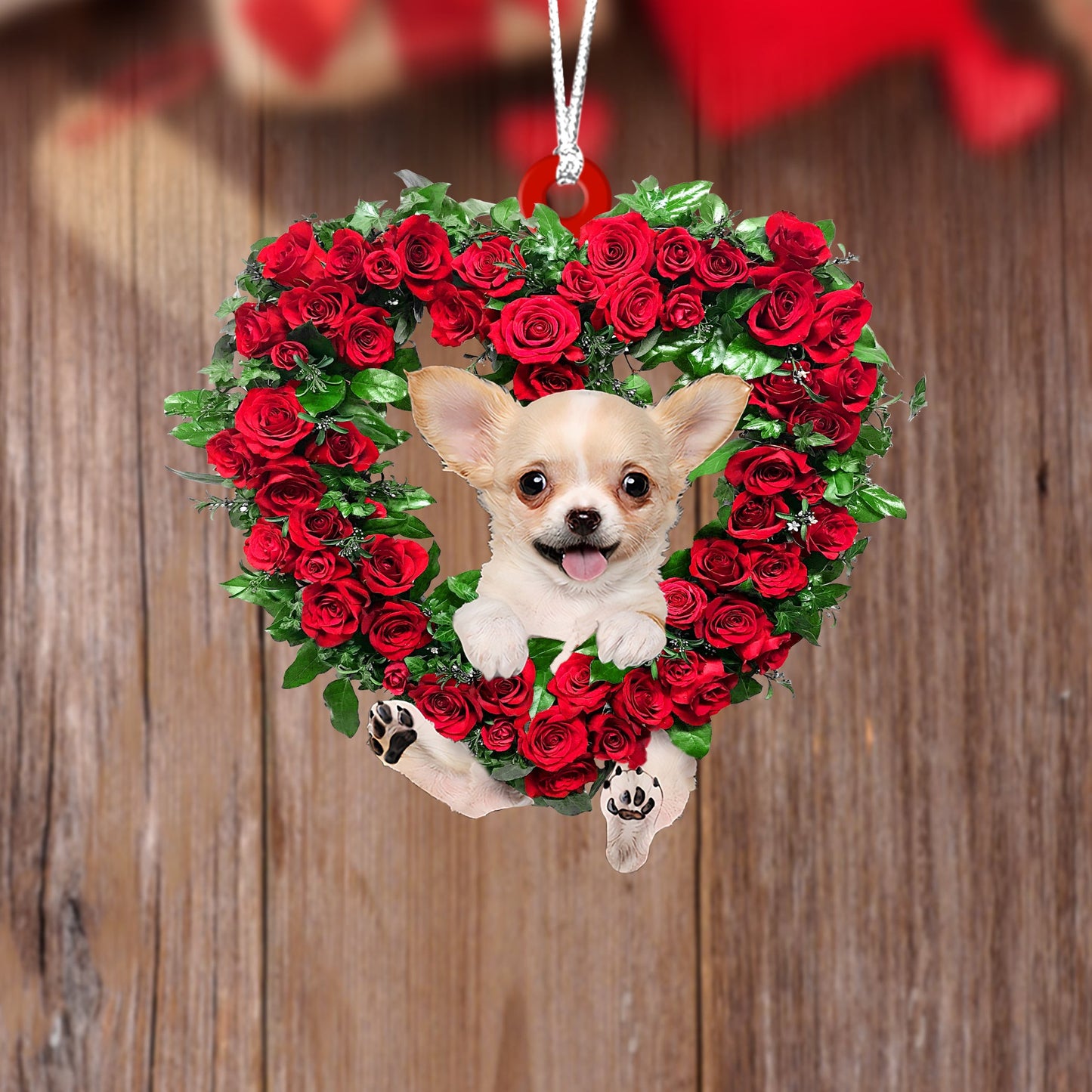 Wreath Chihuahua-Croí Dhá thaobh Ornáid Crochta Plaisteacha Nollag, Ornáid Nollag Shona, Bronntanas Nollag, Maisiú Nollag