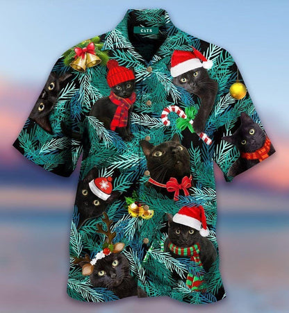Pine Tree Christmas Black Cat Design Hawaiian Shirt,Hawaiian Shirt Gift, Christmas Gift