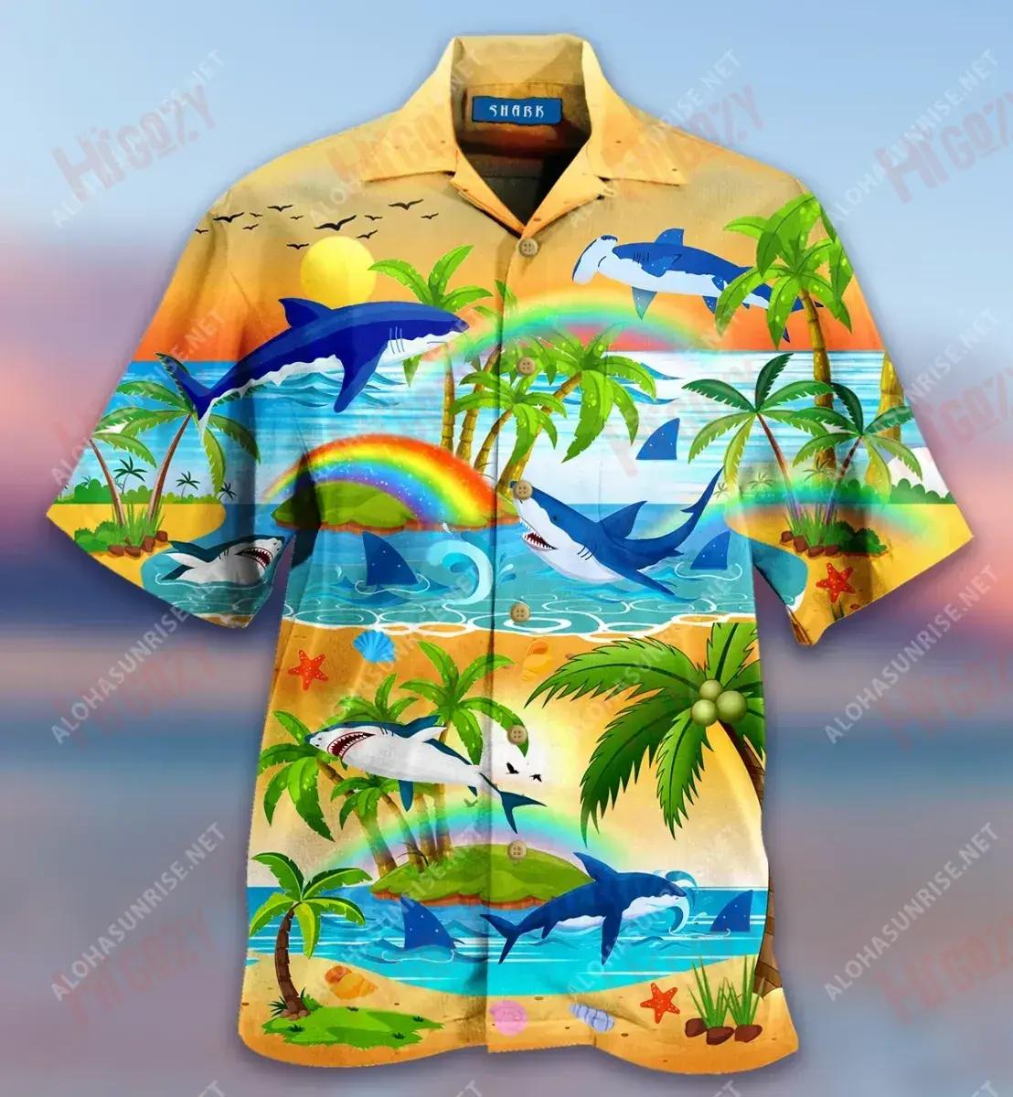 Bright Rainbow And Sharks Short Hawaiian Shirt Hobbies Tropical Shirts Tactical Hawaiian Shirt Crazy Shirts Hawaii,Hawaiian Shirt Gift, Christmas Gift