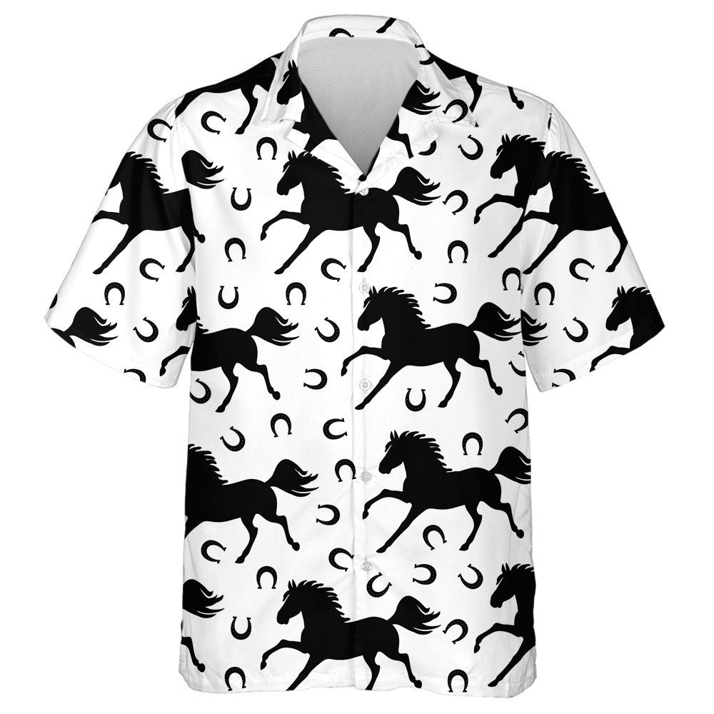 Black Galloping Horses And Horseshoes On White Hawaiian Shirt, Hawaiian Shirt Gift, Christmas Gift