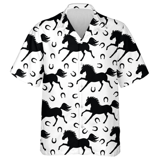 Black Galloping Horses And Horseshoes On White Hawaiian Shirt, Hawaiian Shirt Gift, Christmas Gift