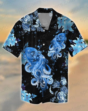 Blue Octopus Pattern Black Theme Hawaiian Shirt, Hawaiian For Gift