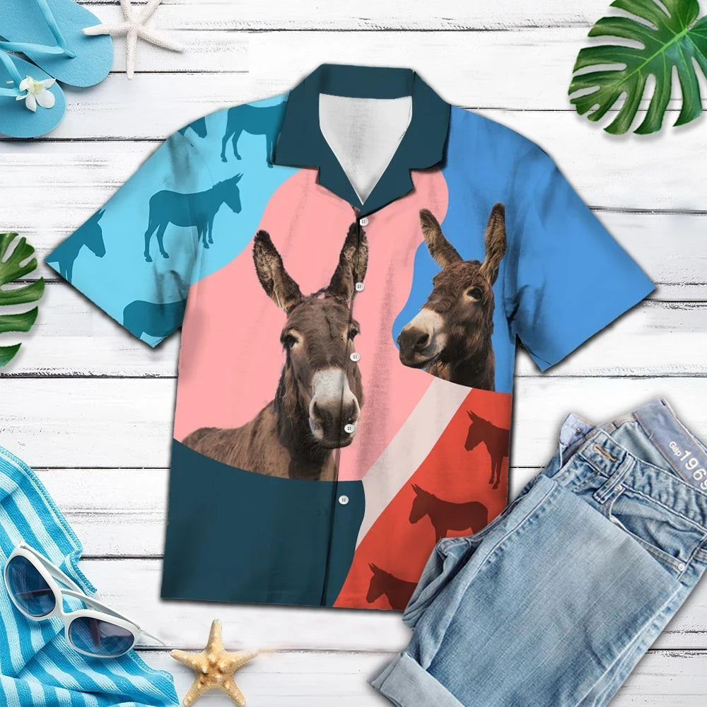 Pink And Blue Geometric With Donkey Hawaiian Shirt,Hawaiian Shirt Gift, Christmas Gift