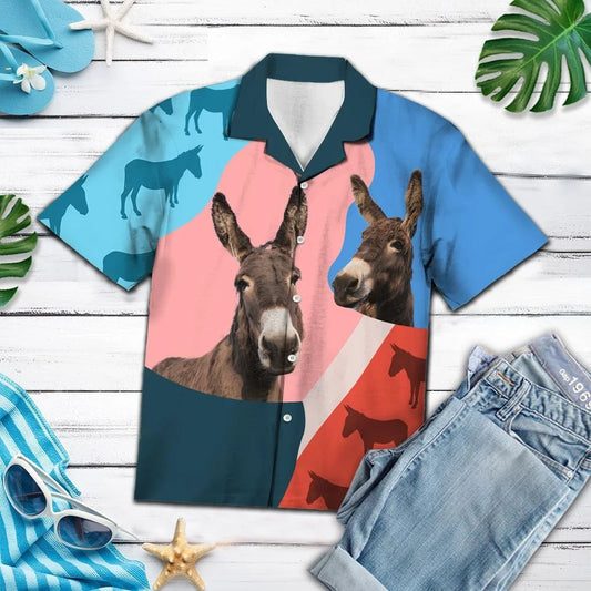 Pink And Blue Geometric With Donkey Hawaiian Shirt,Hawaiian Shirt Gift, Christmas Gift