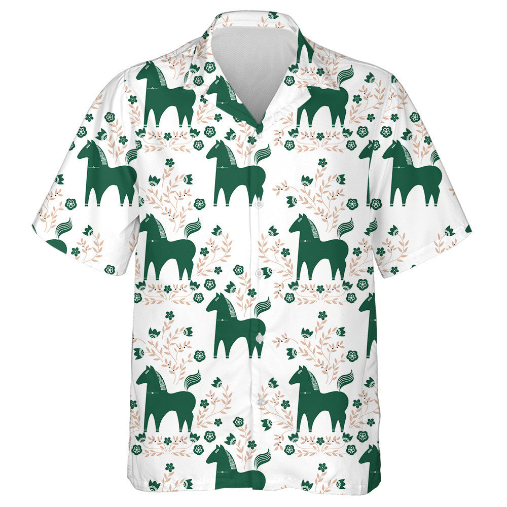 Cartoon Style Green Horse And Flowers Hawaiian Shirt, Hawaiian For Gift