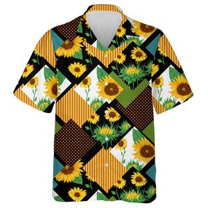 Abstract Patchwork Geometric Theme Design With Sunflowers Hawaiian Shirt, Hawaiian Shirt Gift, Christmas Gift