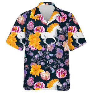 White Horse With Golden Dahlia Flowers Hawaiian Shirt, Hwaiian For Gift