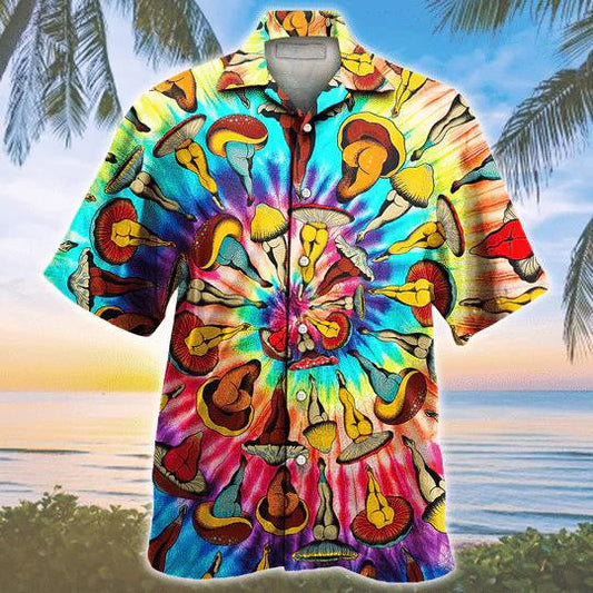 Hippie Tie-Dye Mushroom Pattern Hawaiian Shirt, Hawaiian For Gift